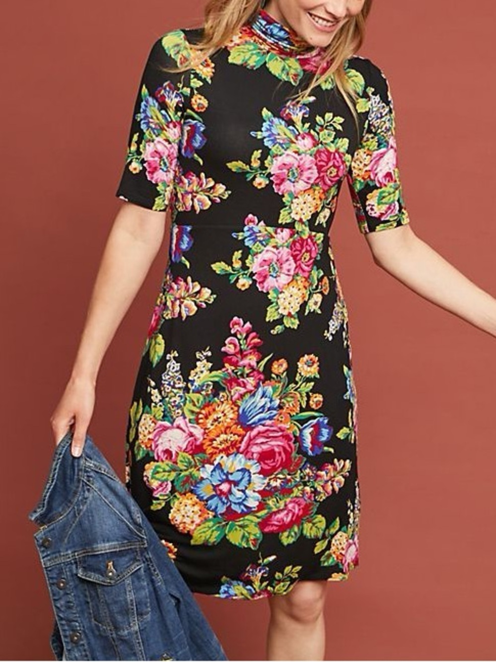 Anthropologie by ett:twa Coreyell Turtleneck Midi Dress Black Floral Small